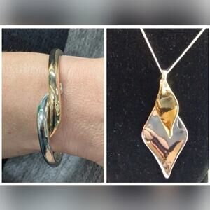 NEW Gold & Silver Clamper Cuff & Two Tone Dia & Co. Necklace 2pc Jewelry Set